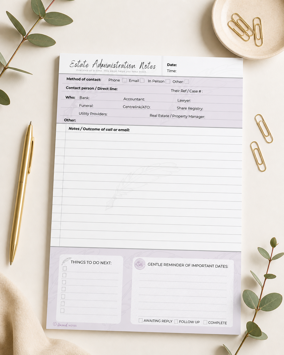 Estate Administration Notepad