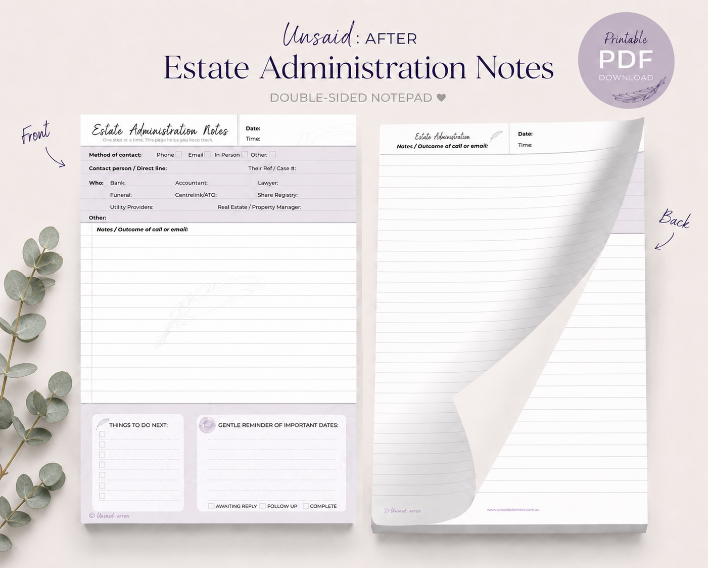 Estate Administration Notepad (Digital Download)