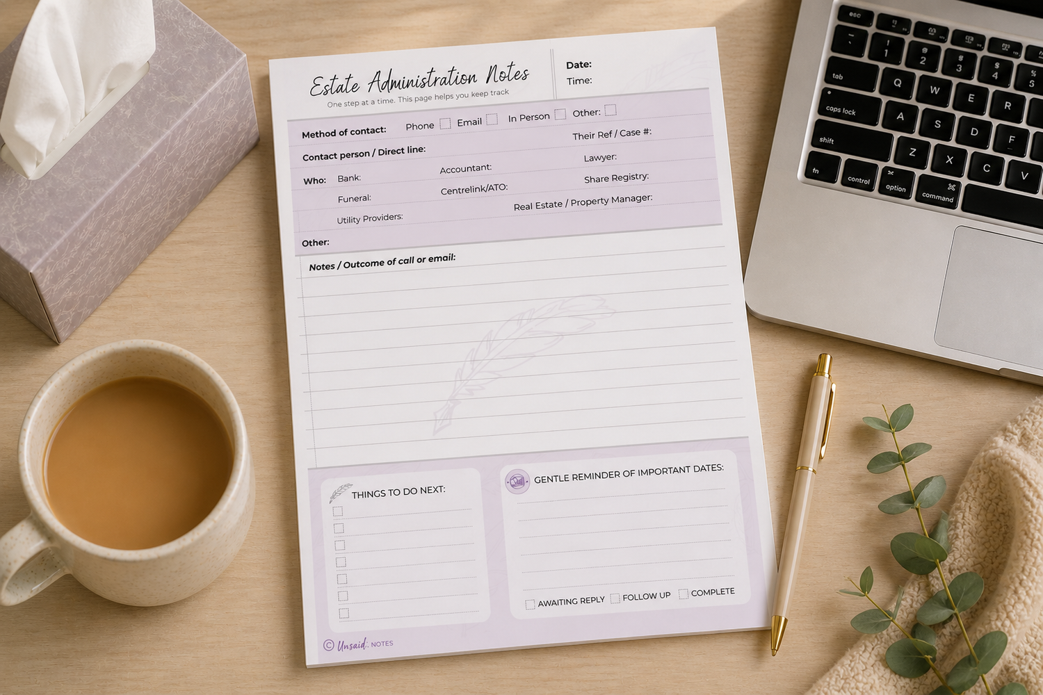 Estate administration notepad used during organising tasks after a death